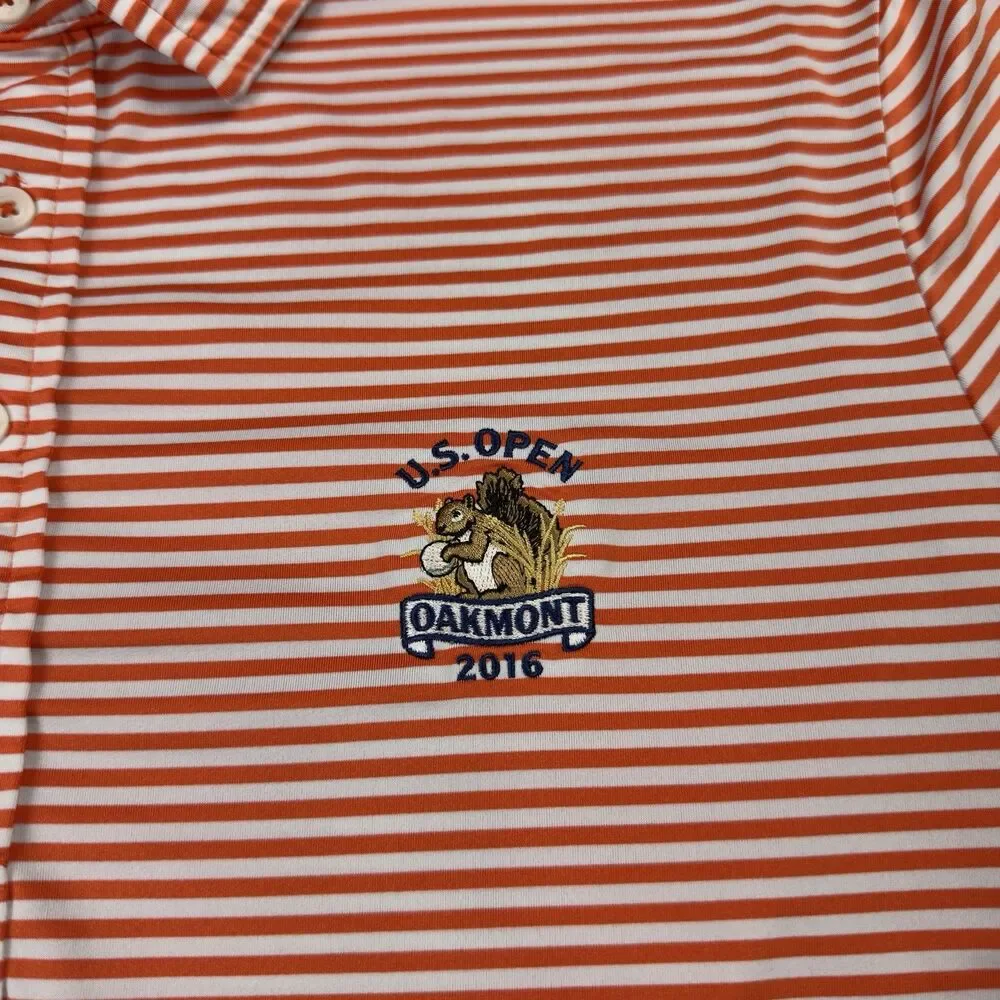 RLX Ralph Lauren Golf Polo Mens L Orange, White Stripe 2016 US Open Oakmont